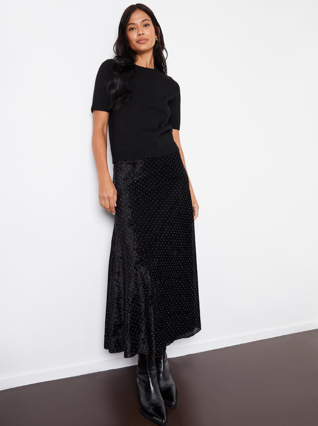 Black Embellished Mesh Velvet Maxi Skirt