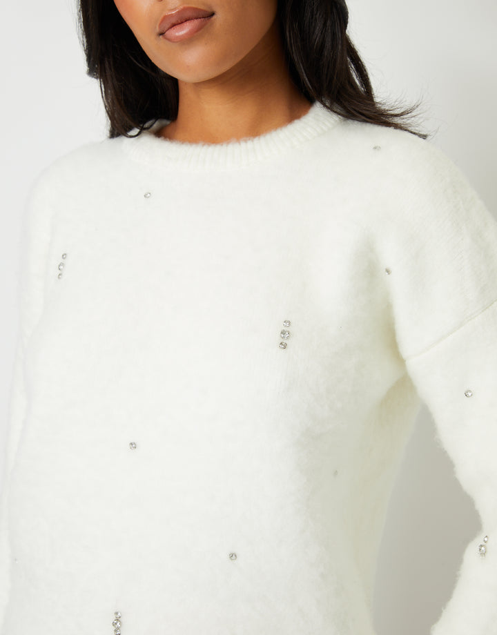 Brushed Knitted Diamante Embellished Jumper in Cream