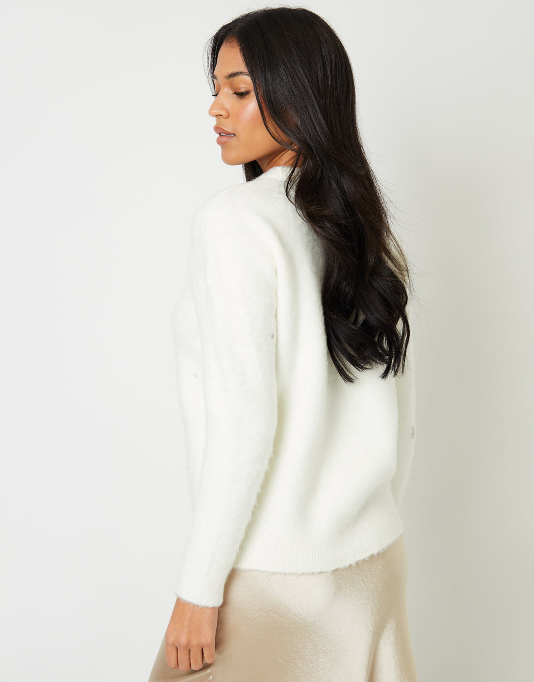 Brushed Knitted Diamante Embellished Jumper in Cream