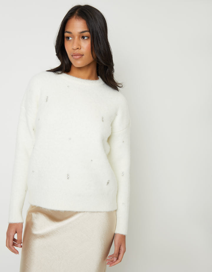 Brushed Knitted Diamante Embellished Jumper in Cream