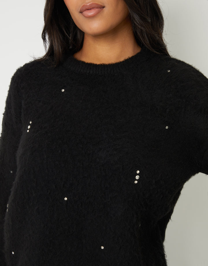 Black Brushed Knitted Diamante Embellished Jumper