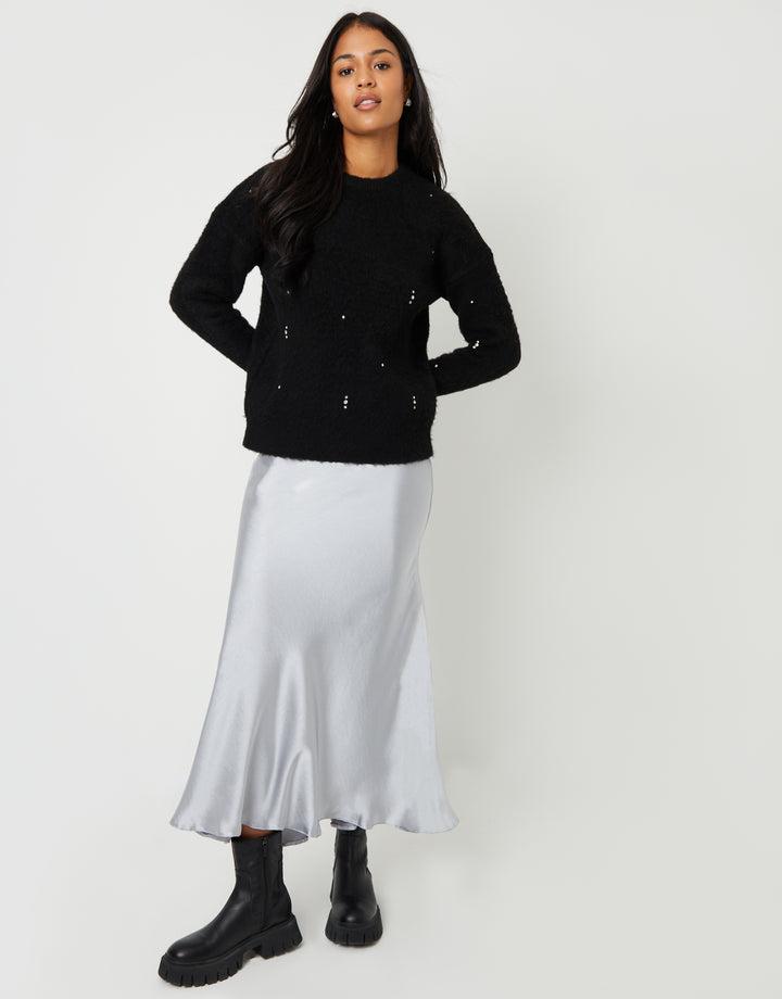 Black Brushed Knitted Diamante Embellished Jumper