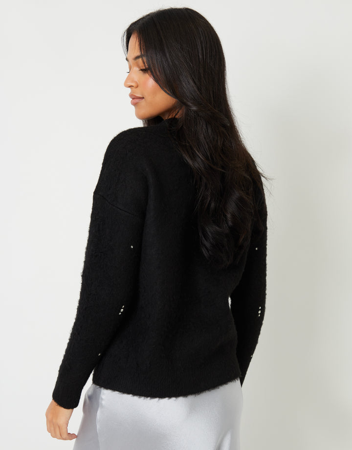 Black Brushed Knitted Diamante Embellished Jumper
