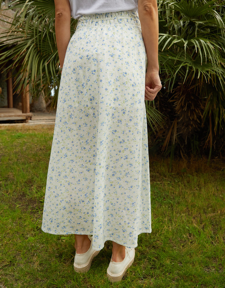 Floral Ditsy Print Shirred Pull On Linen Blend Midaxi Skirt in White