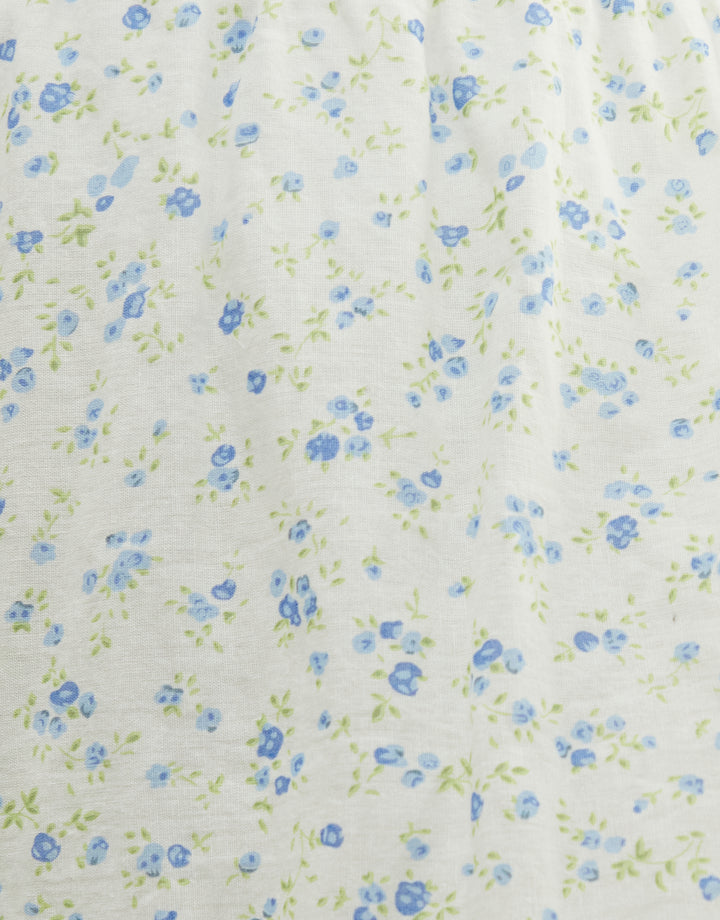 Floral Ditsy Print Shirred Pull On Linen Blend Midaxi Skirt in White