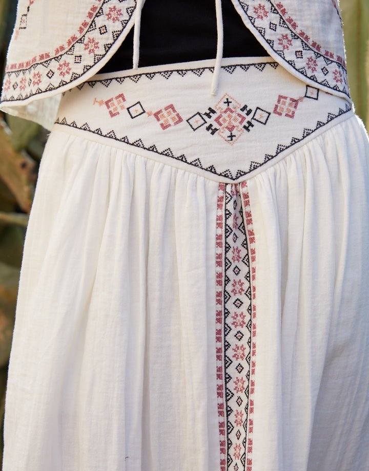 Cream Embroidered Pull On Midi Skirt