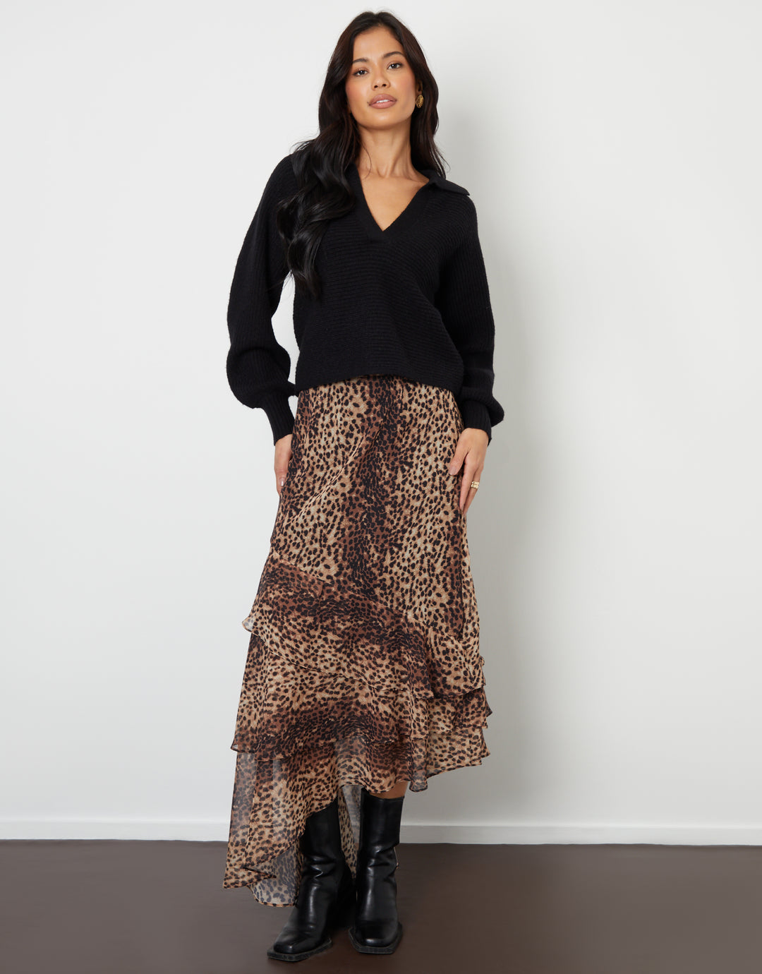 Leopard Print Chiffon Ruffled Maxi Skirt