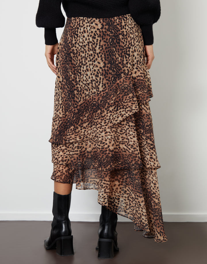 Leopard Print Chiffon Ruffled Maxi Skirt