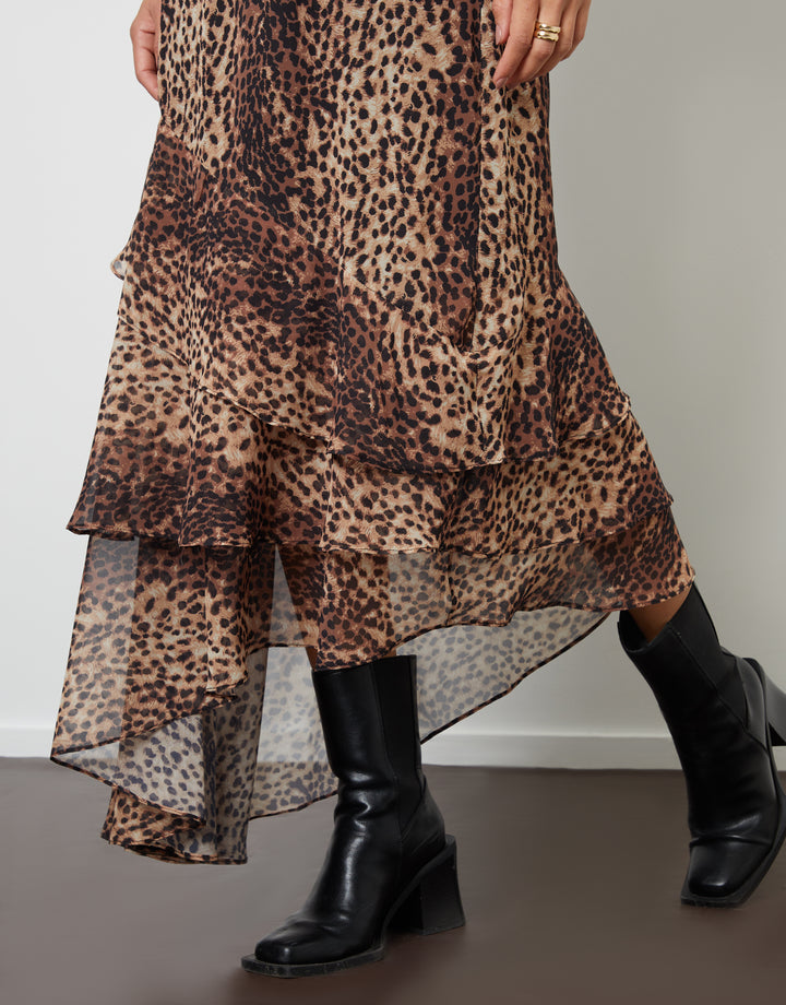 Leopard Print Chiffon Ruffled Maxi Skirt