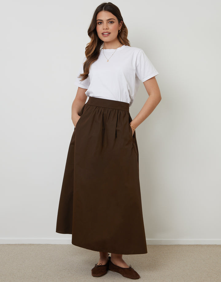Chocolate Brown Cotton Poplin Skirt with Pockets