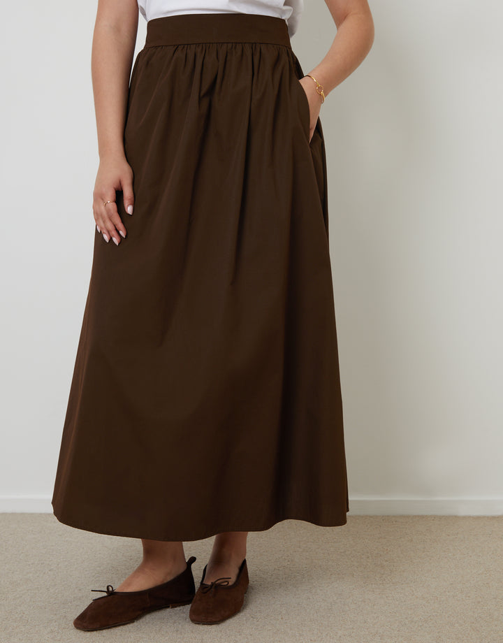 Chocolate Brown Cotton Poplin Skirt with Pockets