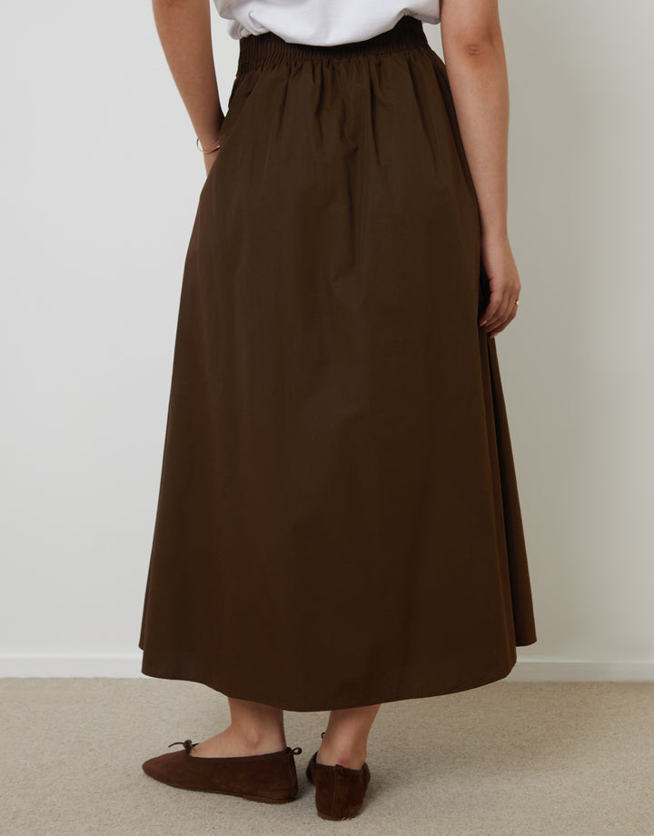 Chocolate Brown Cotton Poplin Skirt with Pockets
