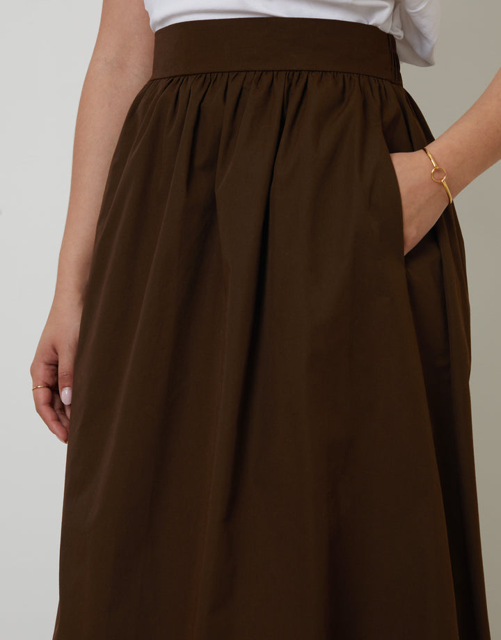 Chocolate Brown Cotton Poplin Skirt with Pockets