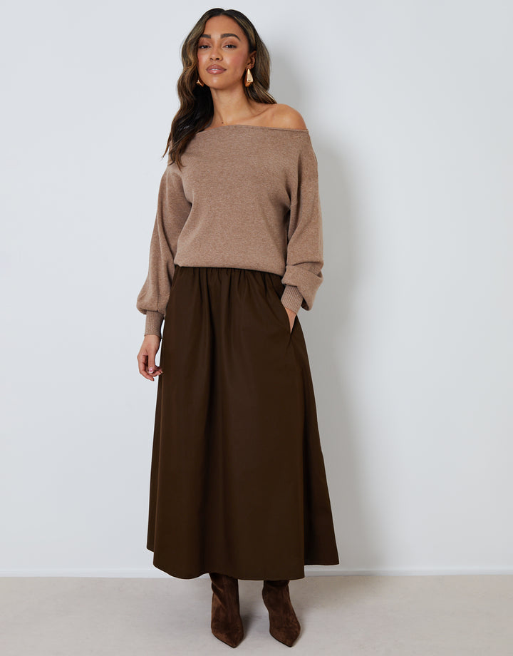 Chocolate Brown Cotton Poplin Skirt with Pockets