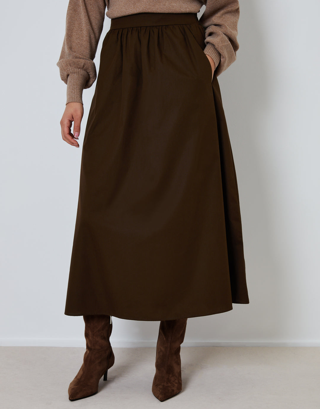 Chocolate Brown Cotton Poplin Skirt with Pockets