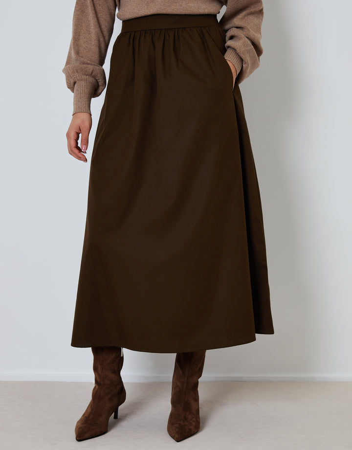 Chocolate Brown Cotton Poplin Skirt with Pockets