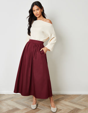 Berry Red Cotton Poplin Skirt with Pockets
