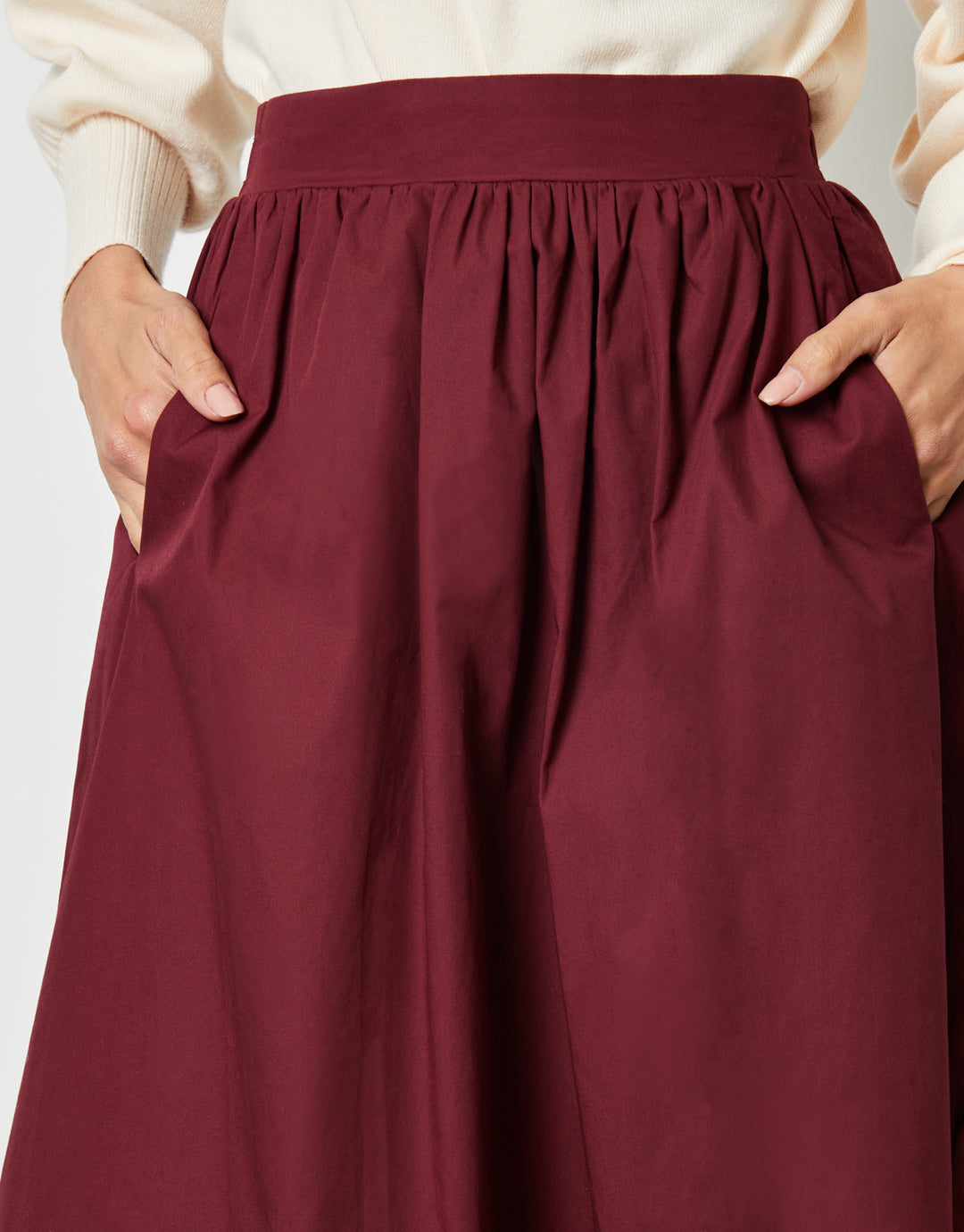 Berry Red Cotton Poplin Skirt with Pockets
