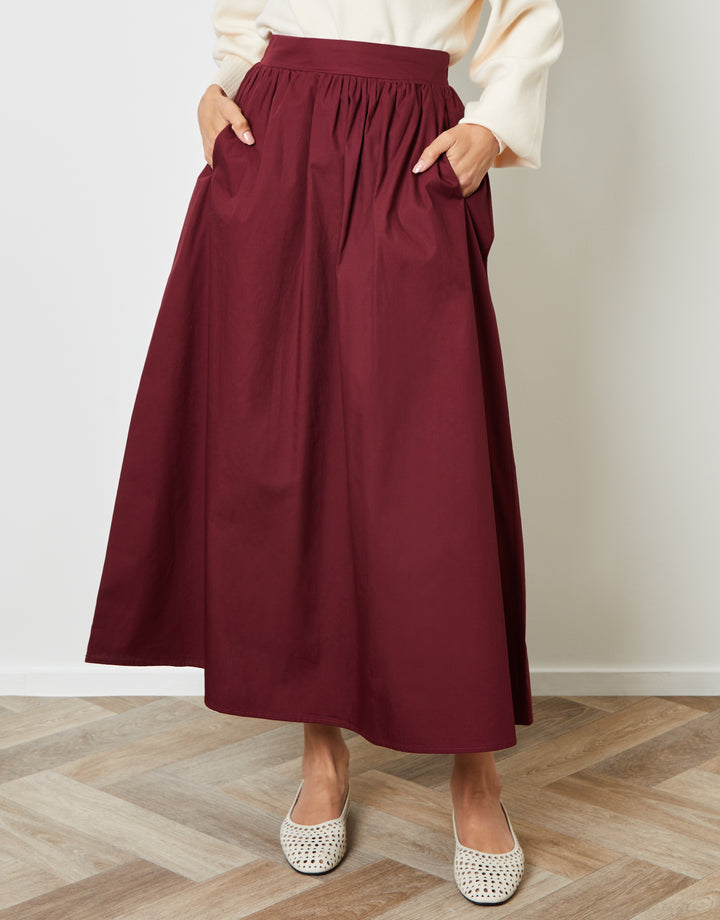 Berry Red Cotton Poplin Skirt with Pockets