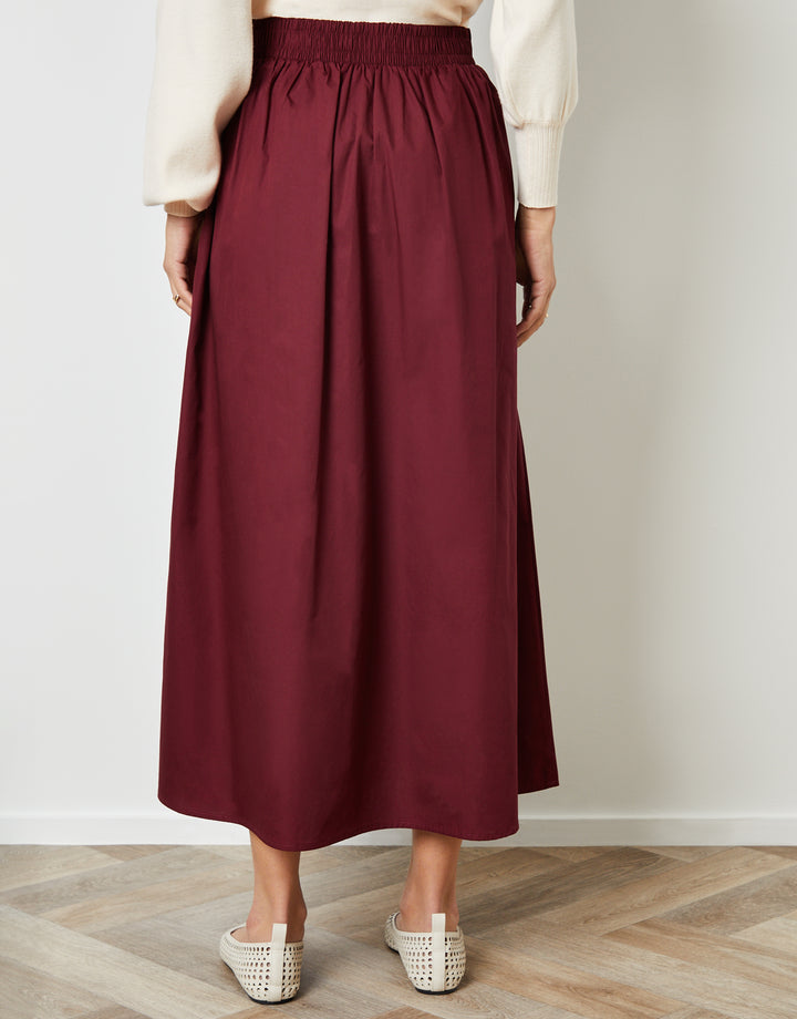 Berry Red Cotton Poplin Skirt with Pockets