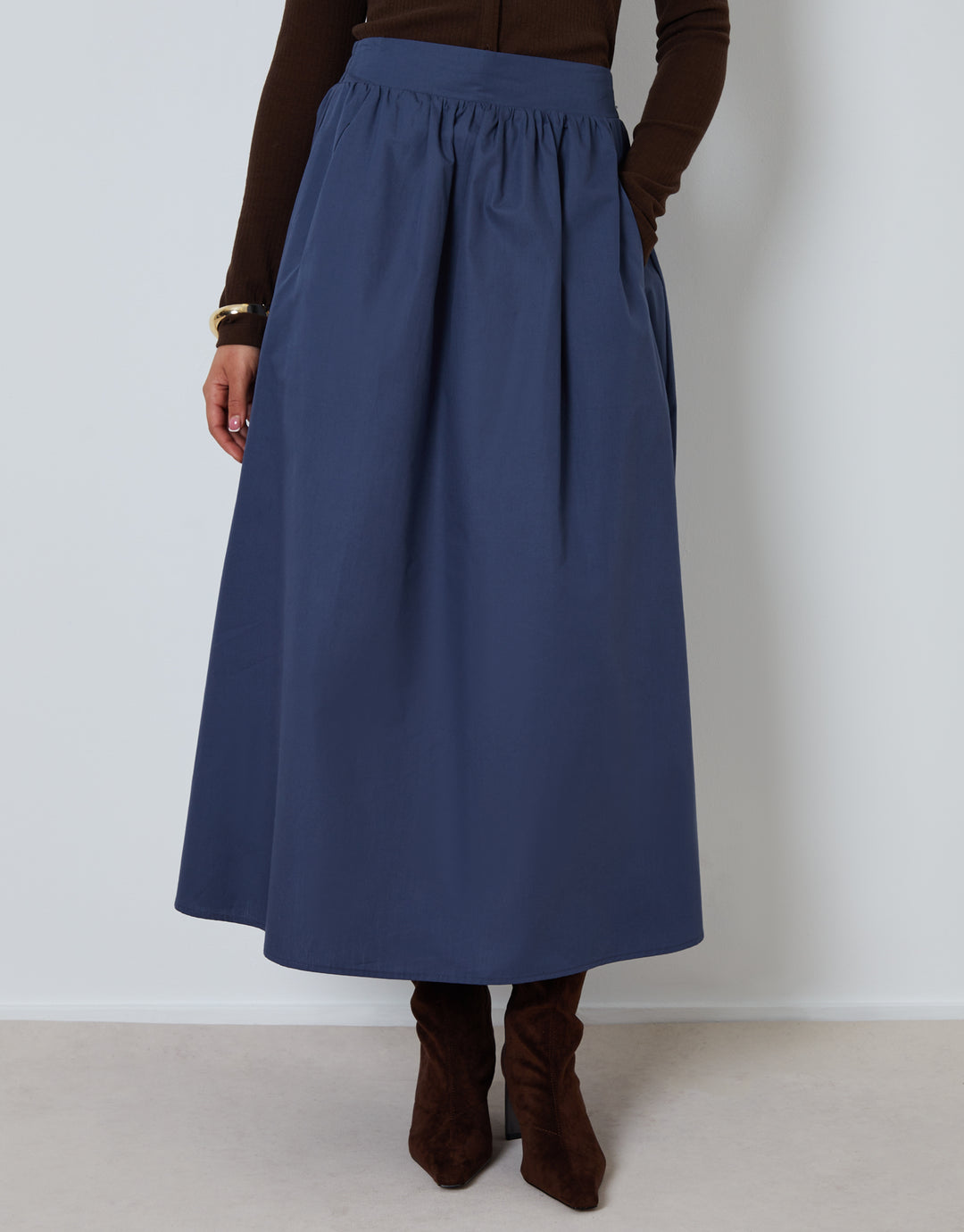 Blue Cotton Poplin Skirt with Pockets