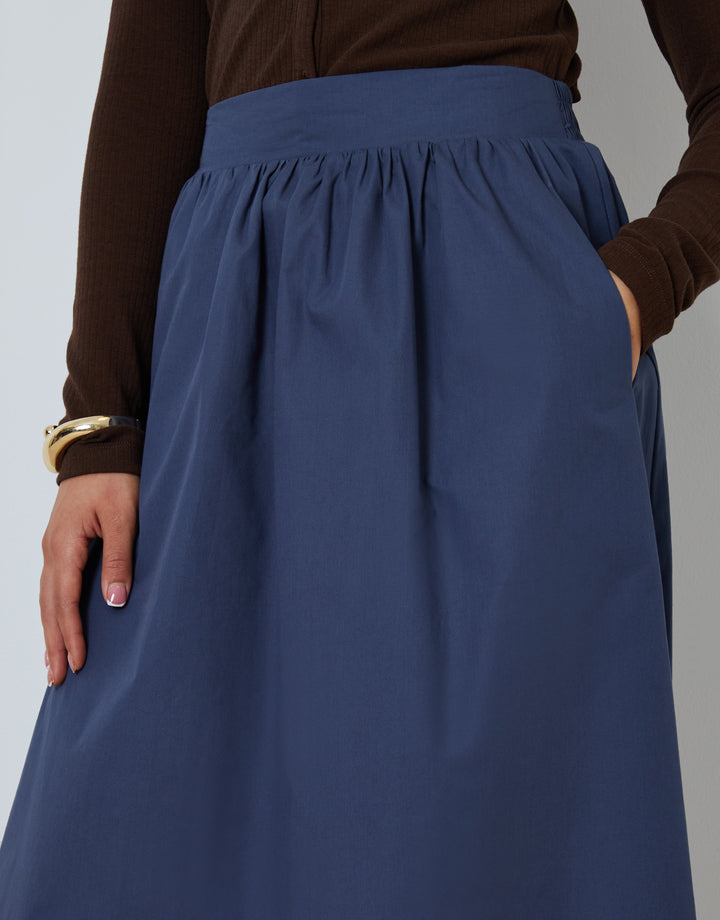 Blue Cotton Poplin Skirt with Pockets