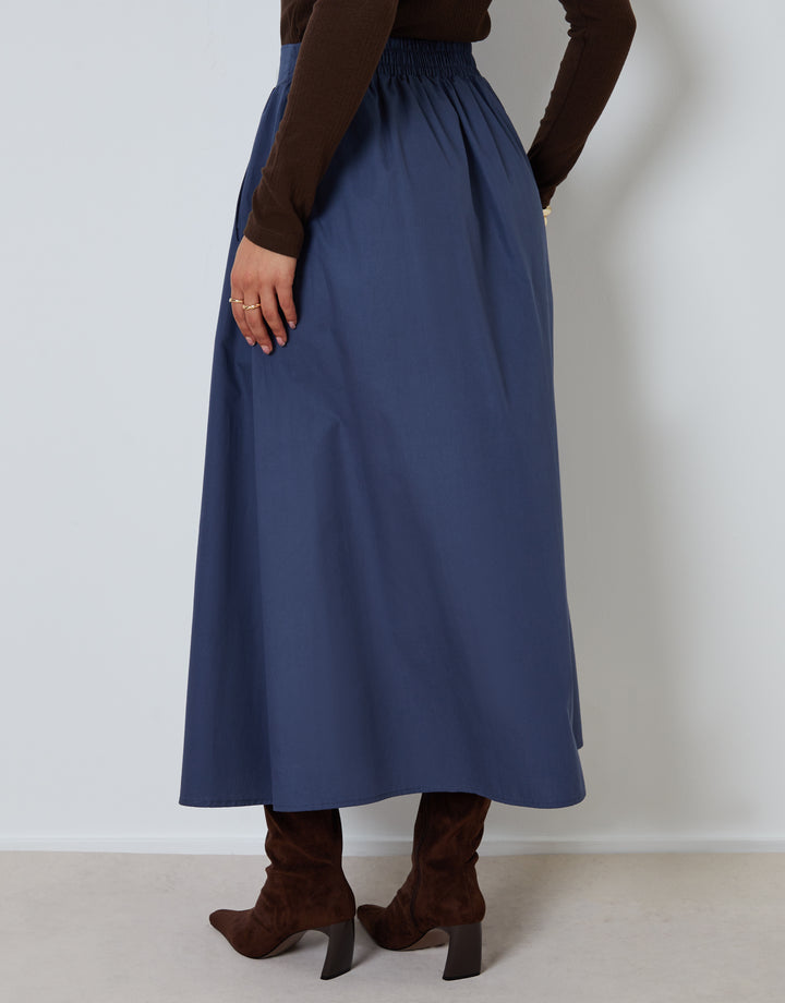 Blue Cotton Poplin Skirt with Pockets