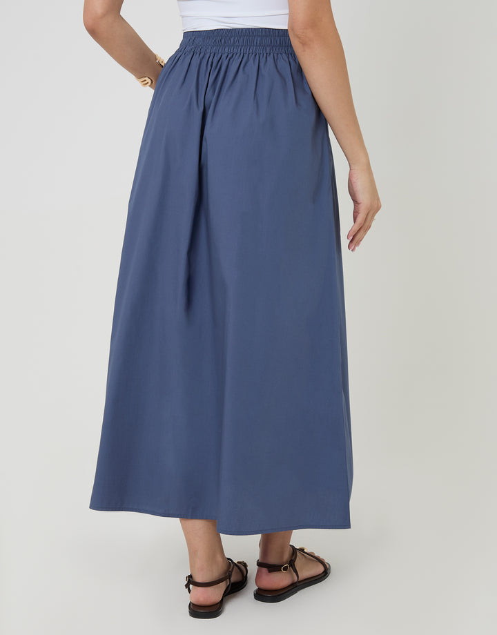 Threadbare Cotton Poplin Skirt with Pockets in Blue - back view