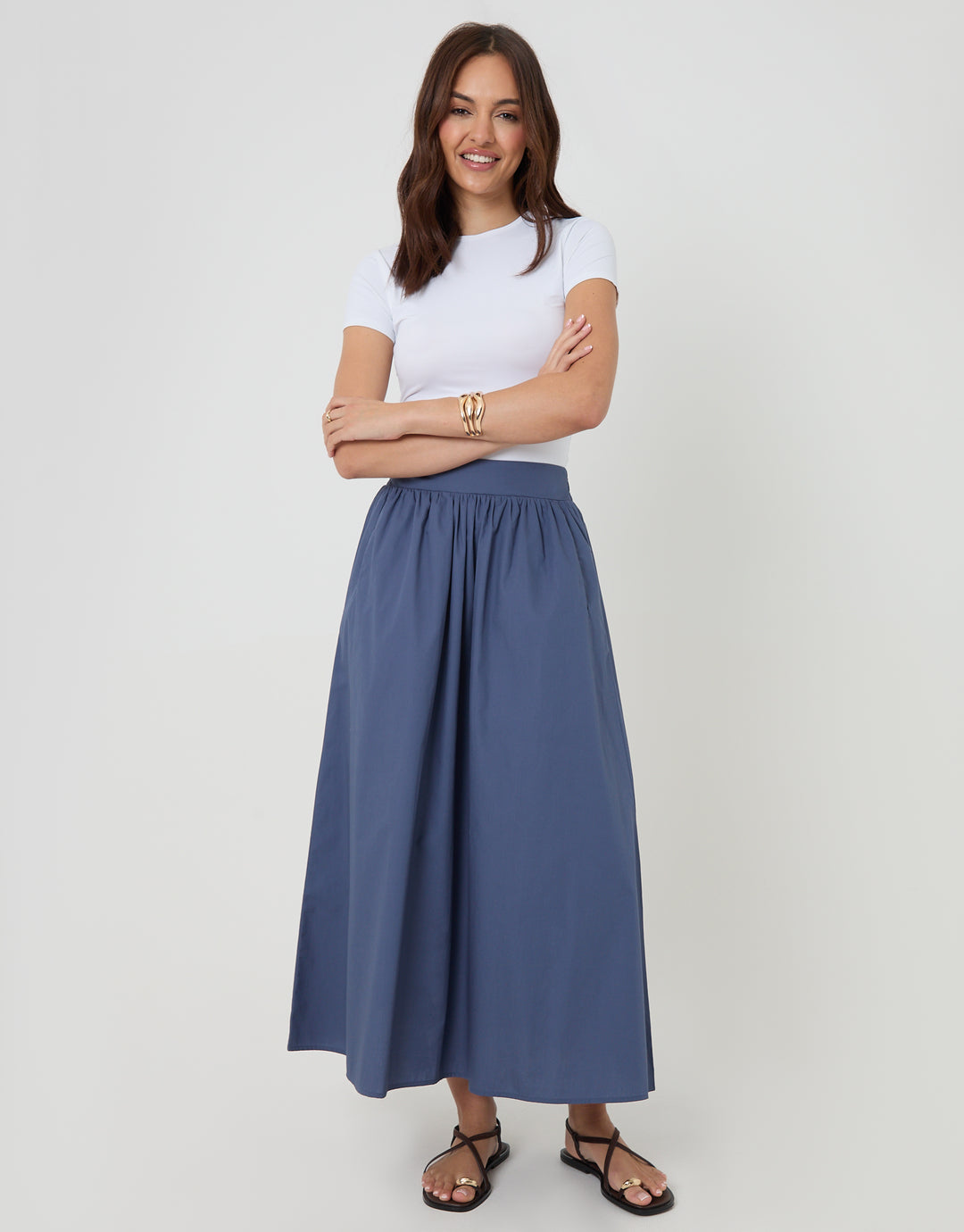 Threadbare Cotton Poplin Skirt with Pockets in Blue - full body