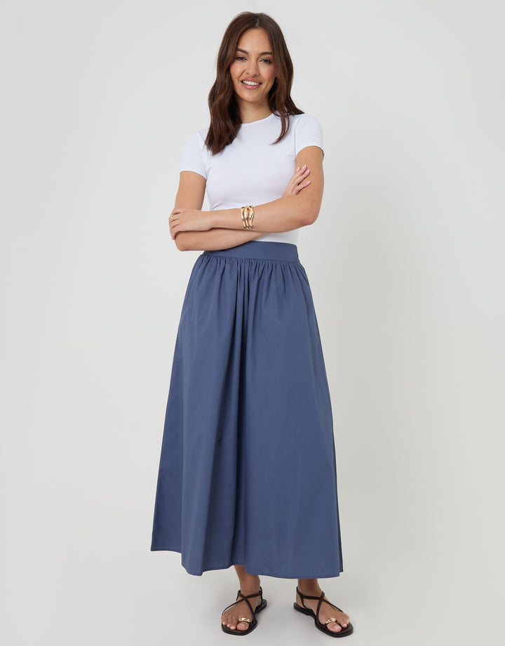 Threadbare Cotton Poplin Skirt with Pockets in Blue - full body