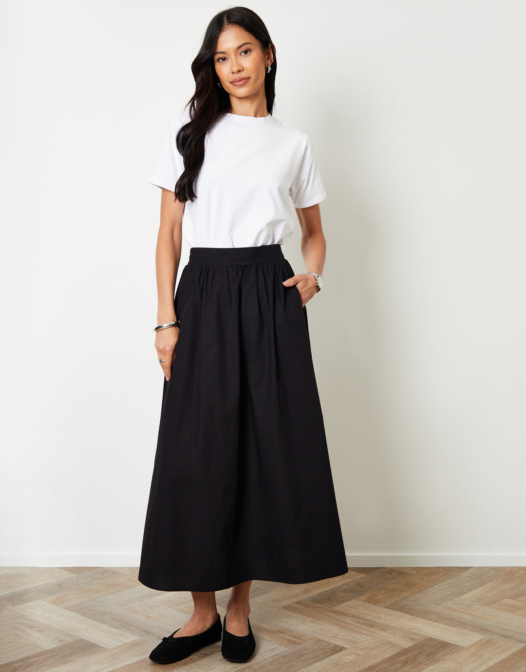 Black Cotton Poplin Skirt with Pockets