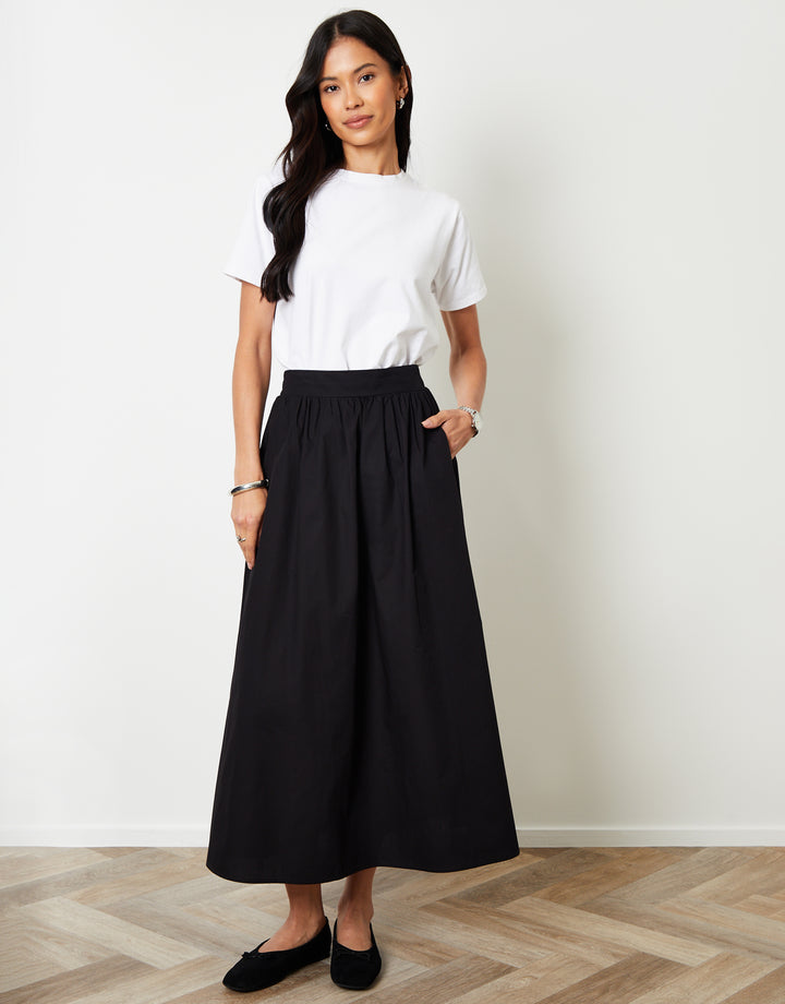 Black Cotton Poplin Skirt with Pockets