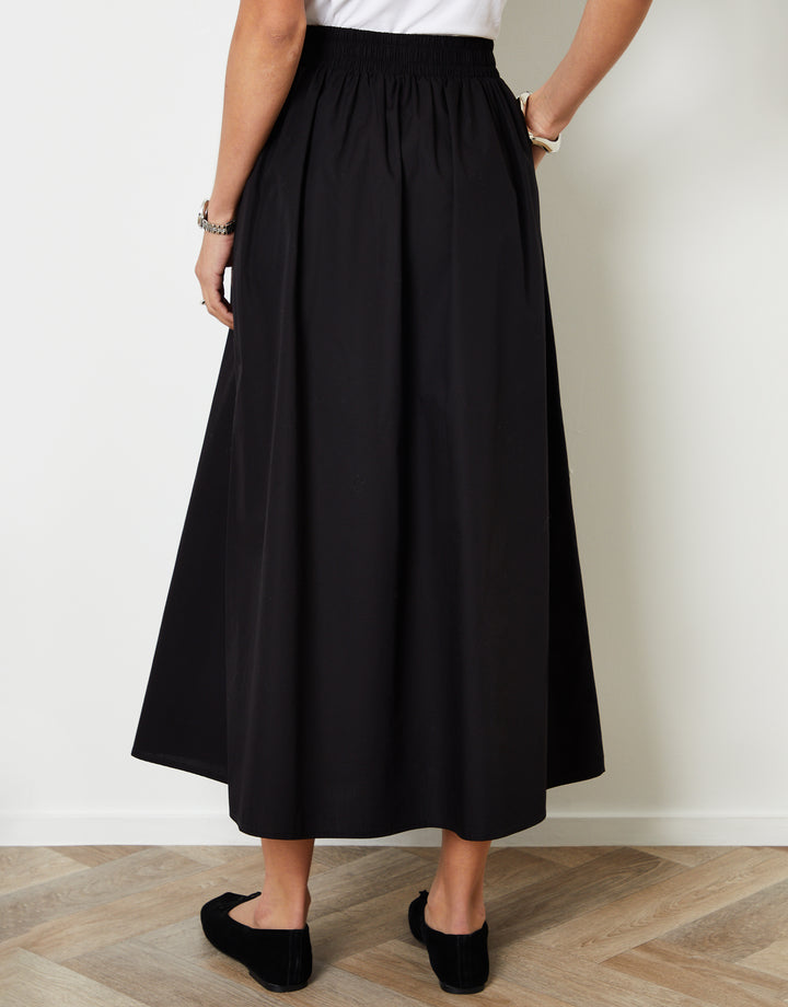 Black Cotton Poplin Skirt with Pockets