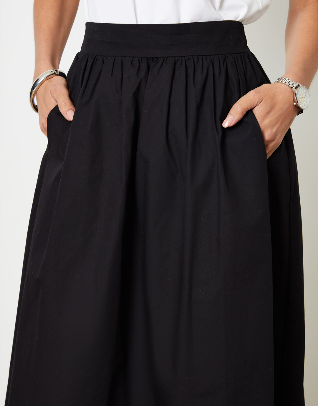 Black Cotton Poplin Skirt with Pockets
