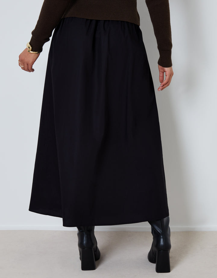 Black Cotton Poplin Skirt with Pockets
