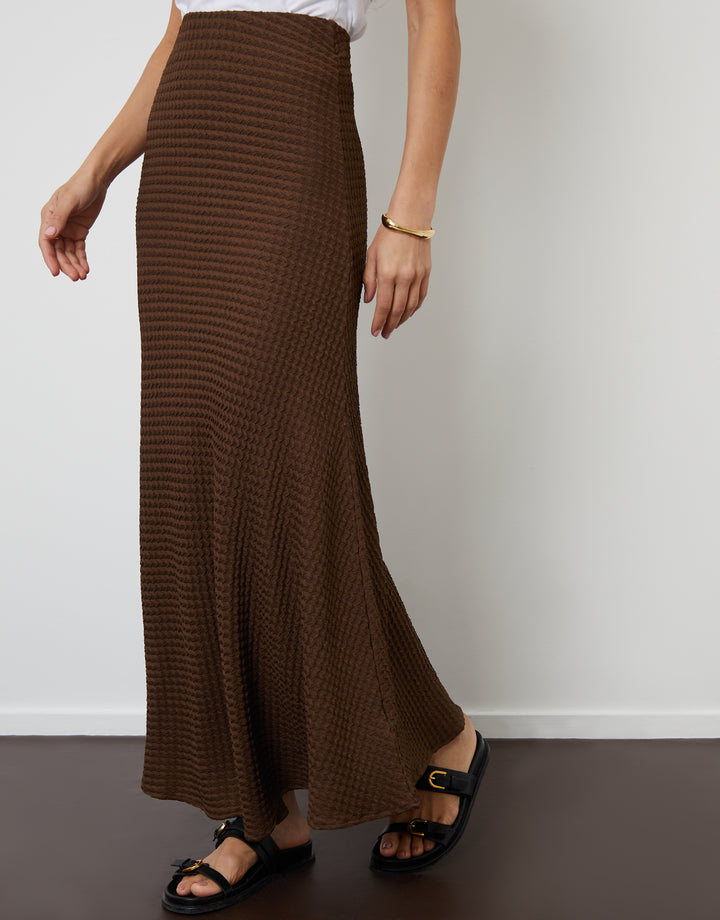 Chocolate Brown Textured Jersey Pull-On Maxi Skirt