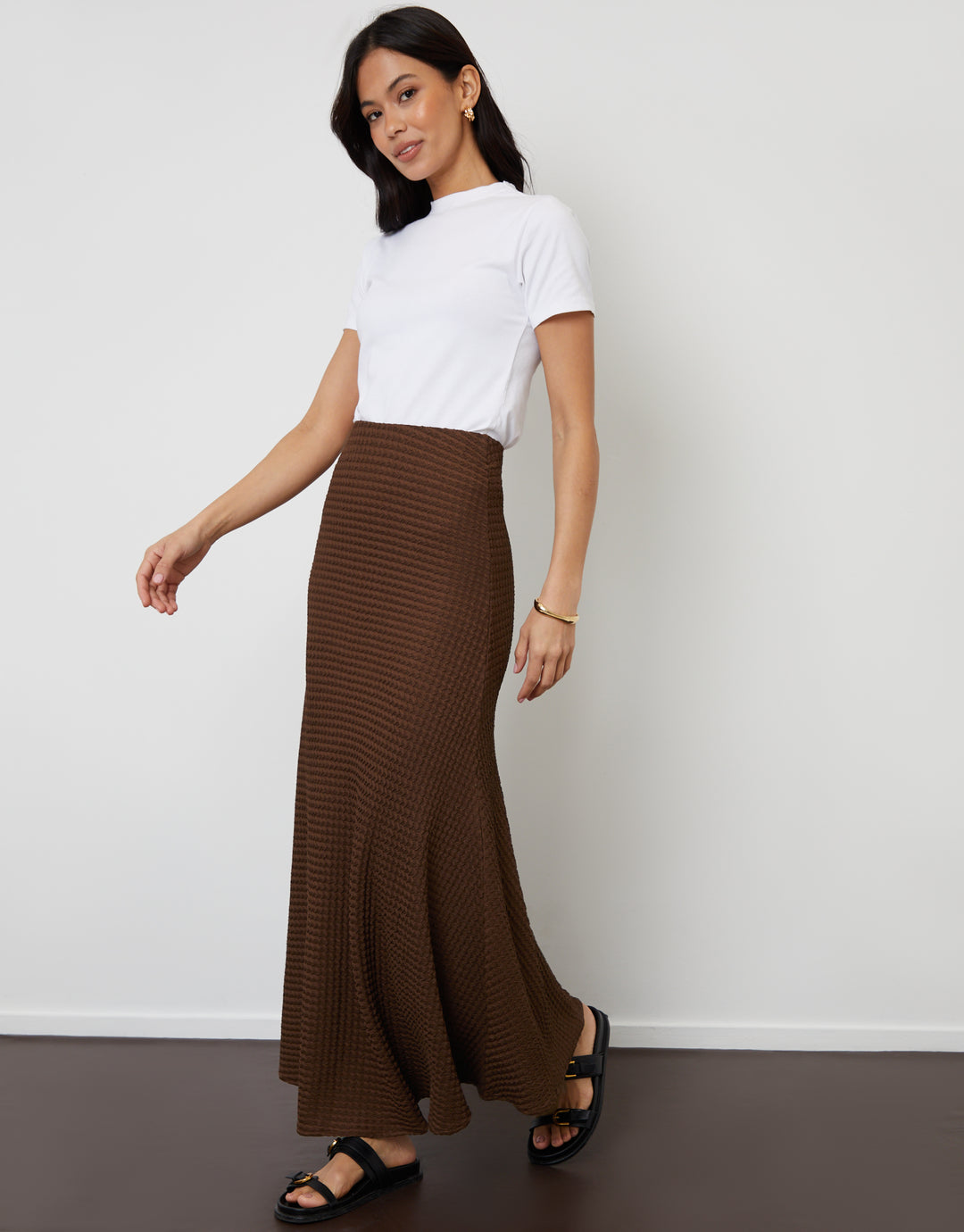 Chocolate Brown Textured Jersey Pull-On Maxi Skirt