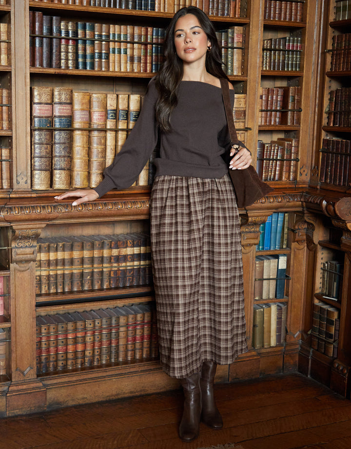 Chocolate Brown Check Pull On Midaxi Skirt