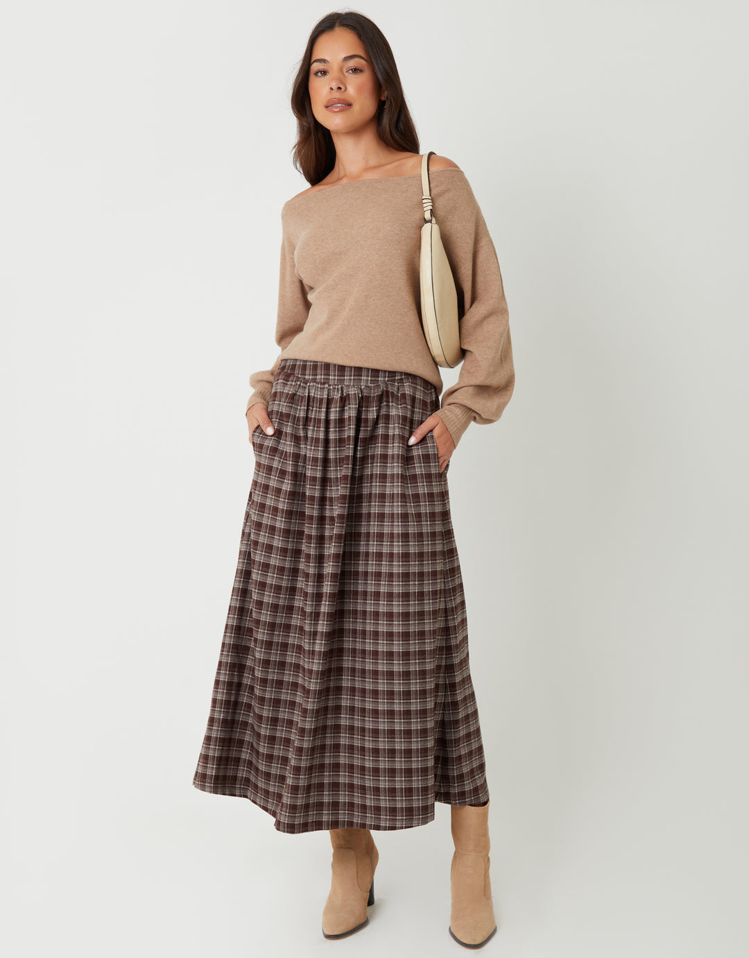 Chocolate Brown Check Pull On Midaxi Skirt