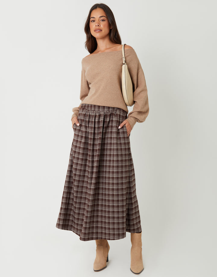 Chocolate Brown Check Pull On Midaxi Skirt