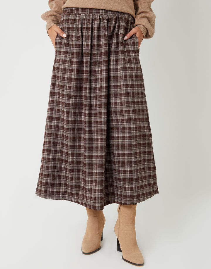 Chocolate Brown Check Pull On Midaxi Skirt