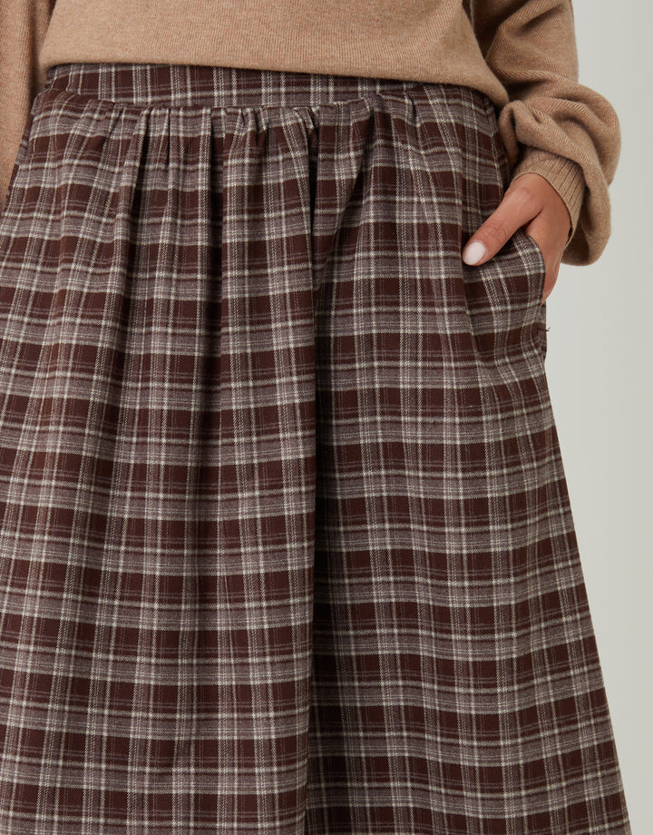 Chocolate Brown Check Pull On Midaxi Skirt