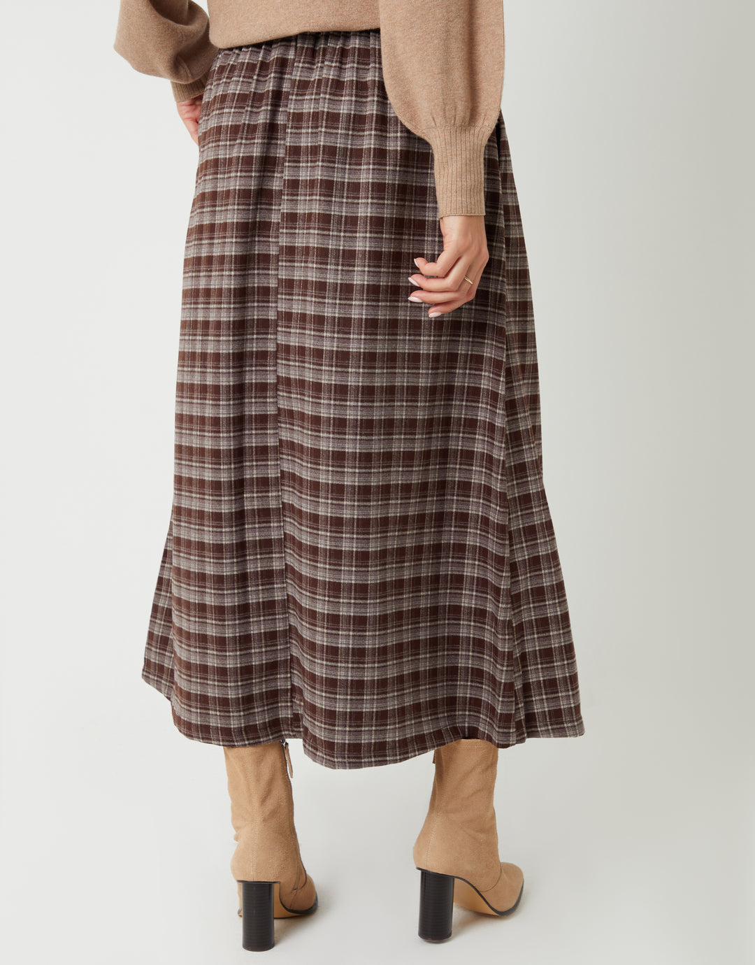 Chocolate Brown Check Pull On Midaxi Skirt