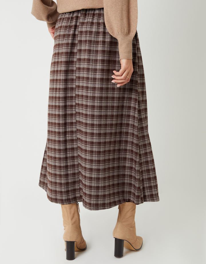 Chocolate Brown Check Pull On Midaxi Skirt