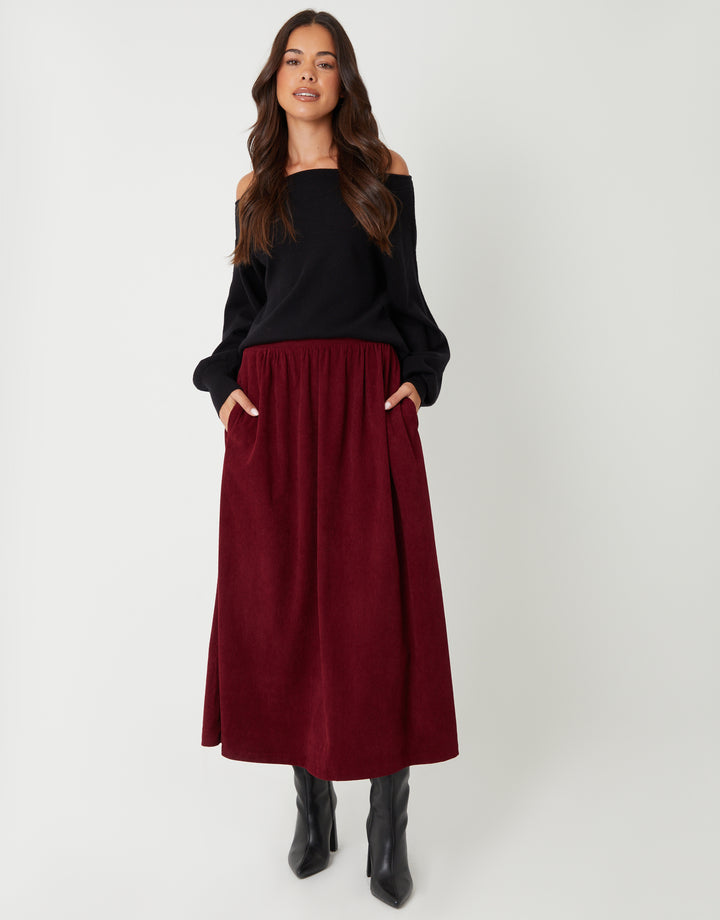 Berry Red Corduroy Pull On Midaxi Skirt