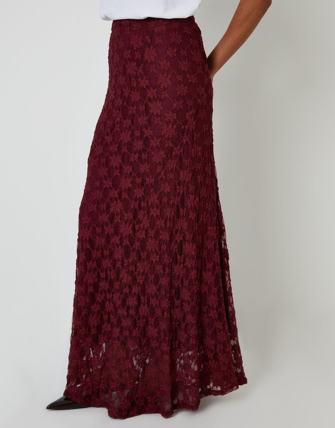 Berry Red Pull On Lace Maxi Skirt