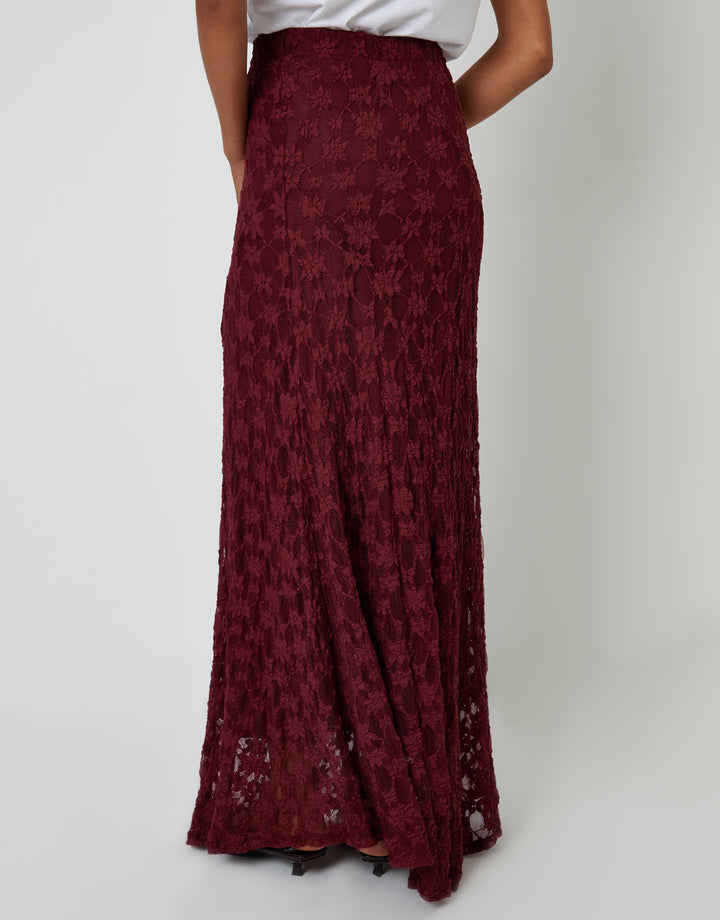Berry Red Pull On Lace Maxi Skirt