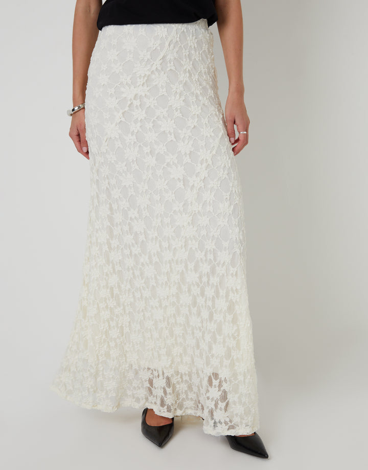 White Pull On Lace Maxi Skirt