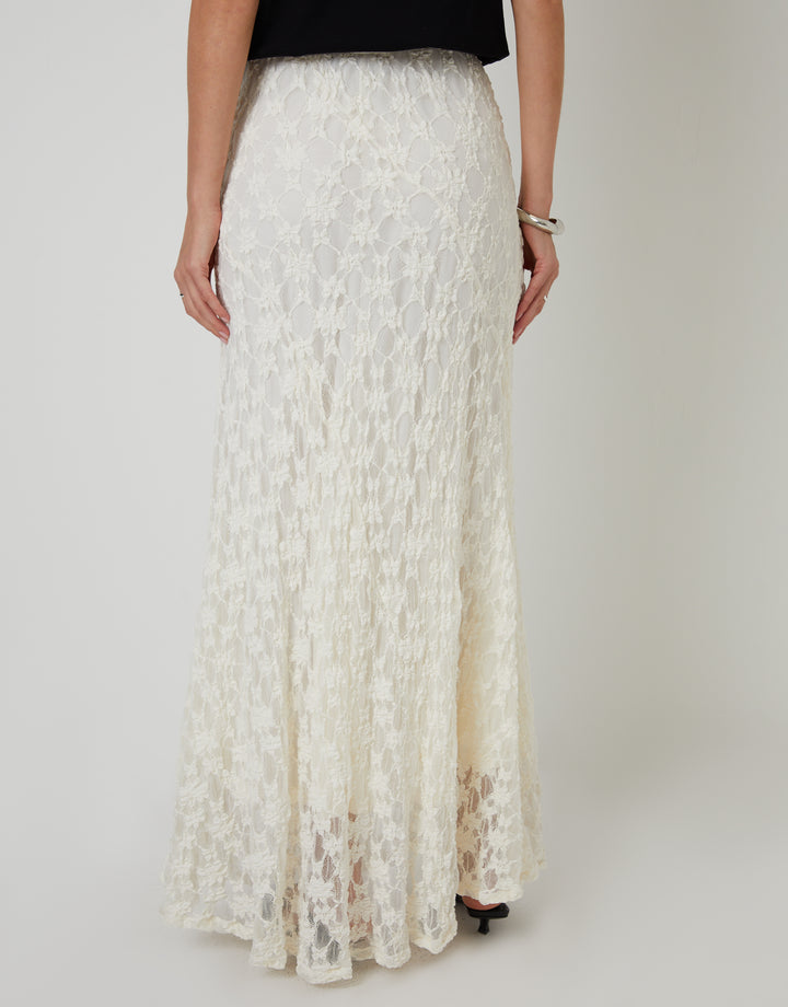 White Pull On Lace Maxi Skirt