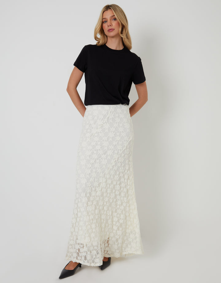 White Pull On Lace Maxi Skirt